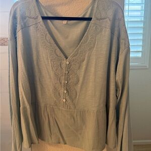 Lucky Brand Lace Detail V-Neck Blouse in Soft Green